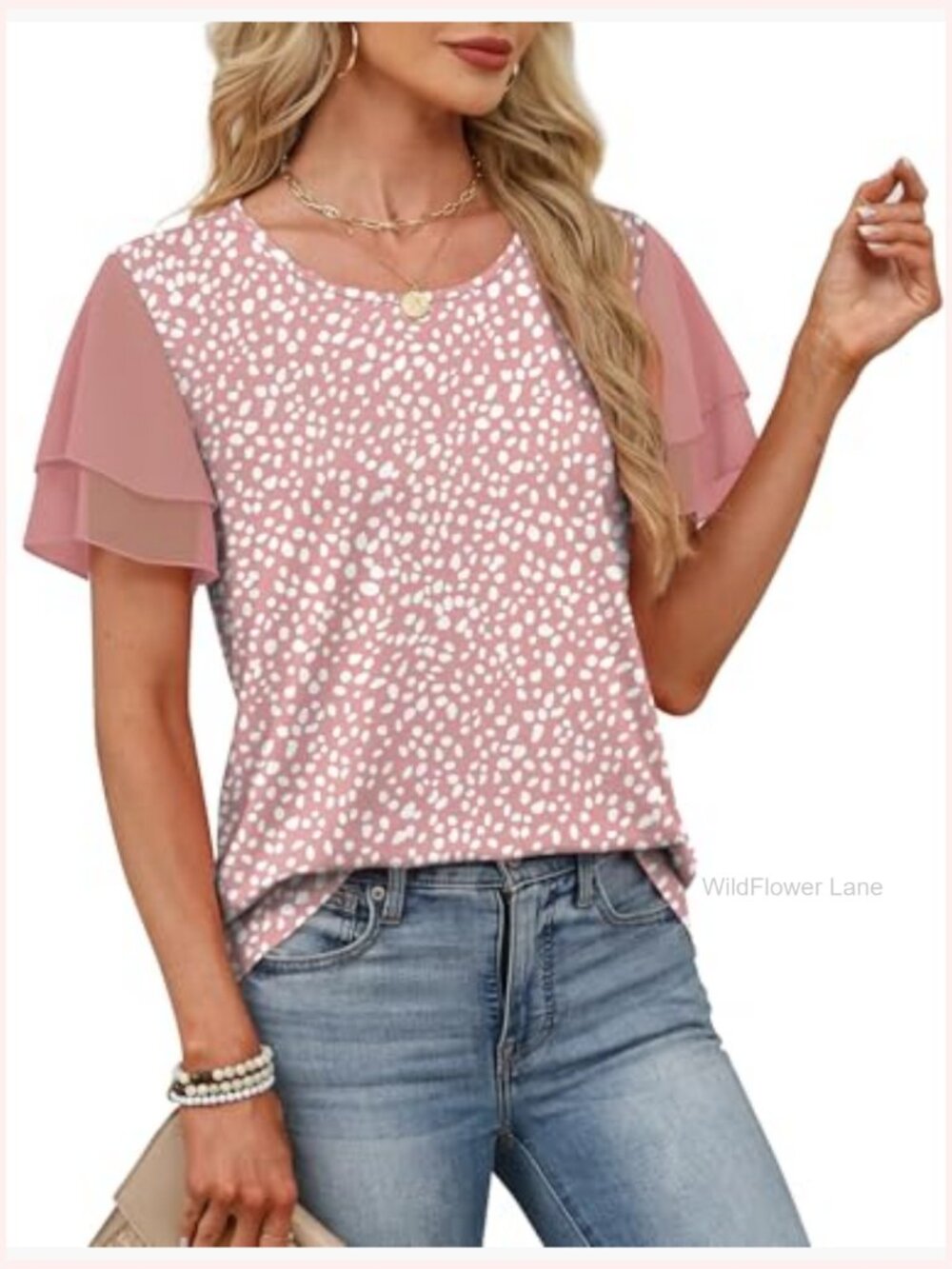 Ruffle Sleeve Chiffon Blouse Short Sleeve Summer Beach Vacation Top - Picture 4 of 5